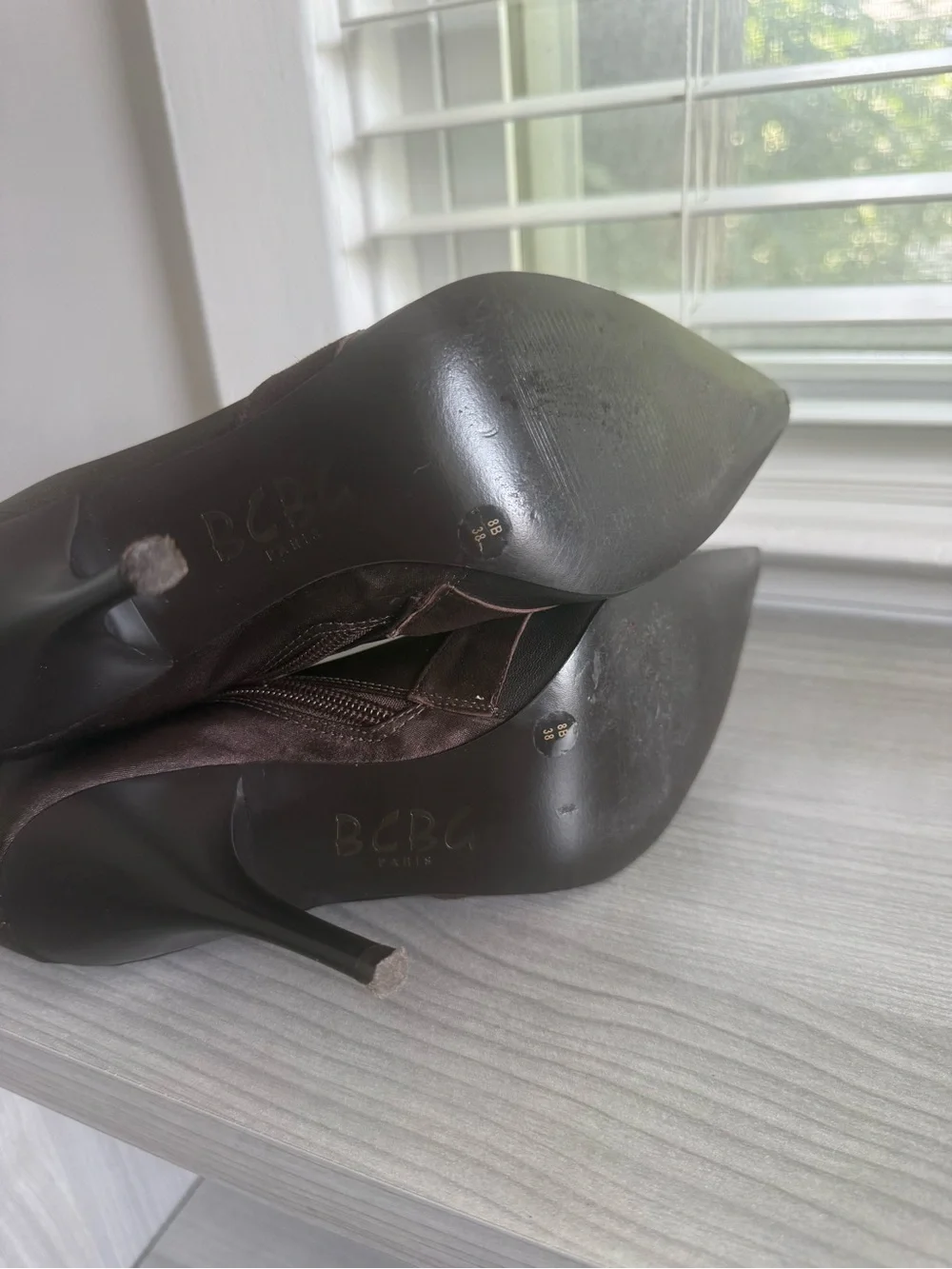 BCBG Satin Brown and Black Pointed-Toe Ankle Booties